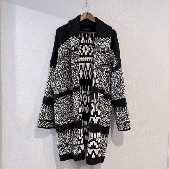 Lucky Brand Fair Isle Sweater Coat Shawl Collar Open Front Black Plus Size XXL - Picture 2 of 10